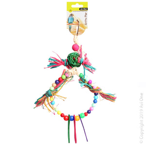 BIRD TOY RATTAN BALL WITH RAFFIA, WOOD & PLASTIC BEADS