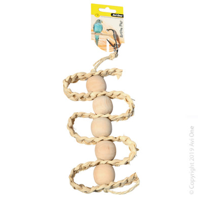 BIRD TOY WOODEN BEADS WITH WOVEN STRAW 33CM